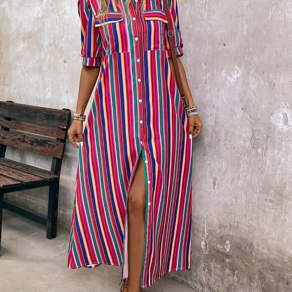 Multicolor Casual Women's Vacation Colorful Striped Front Buttoned Maxi Dress - Picture 6 of 7